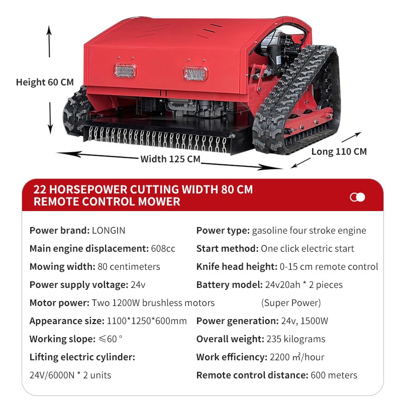 FALE-JU Remote Control Crawler Mower 60° Slope Capability Gas Electric Self-Charging Hybrid (Cutting Width 55CM, Crawler, 7.5HP), red-black