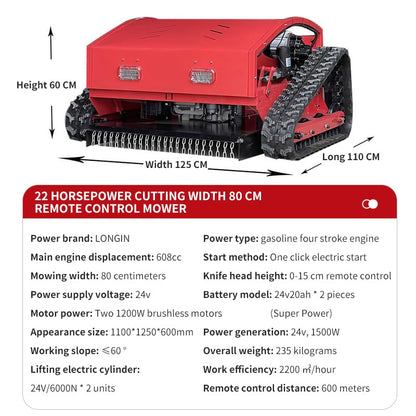 FALE-JU Remote Control Crawler Mower 60° Slope Capability Gas Electric Self-Charging Hybrid (Cutting Width 55CM, Crawler, 7.5HP), red-black