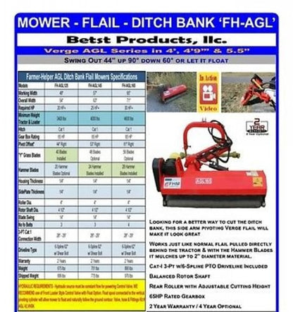 Farmer Helper 65" 3pt Ditch Bank Flail Mower Cat.I 35hp~65hp (FH-AGL165) w/Hammer Blades Requires a Tractor. Not a standalone Unit.