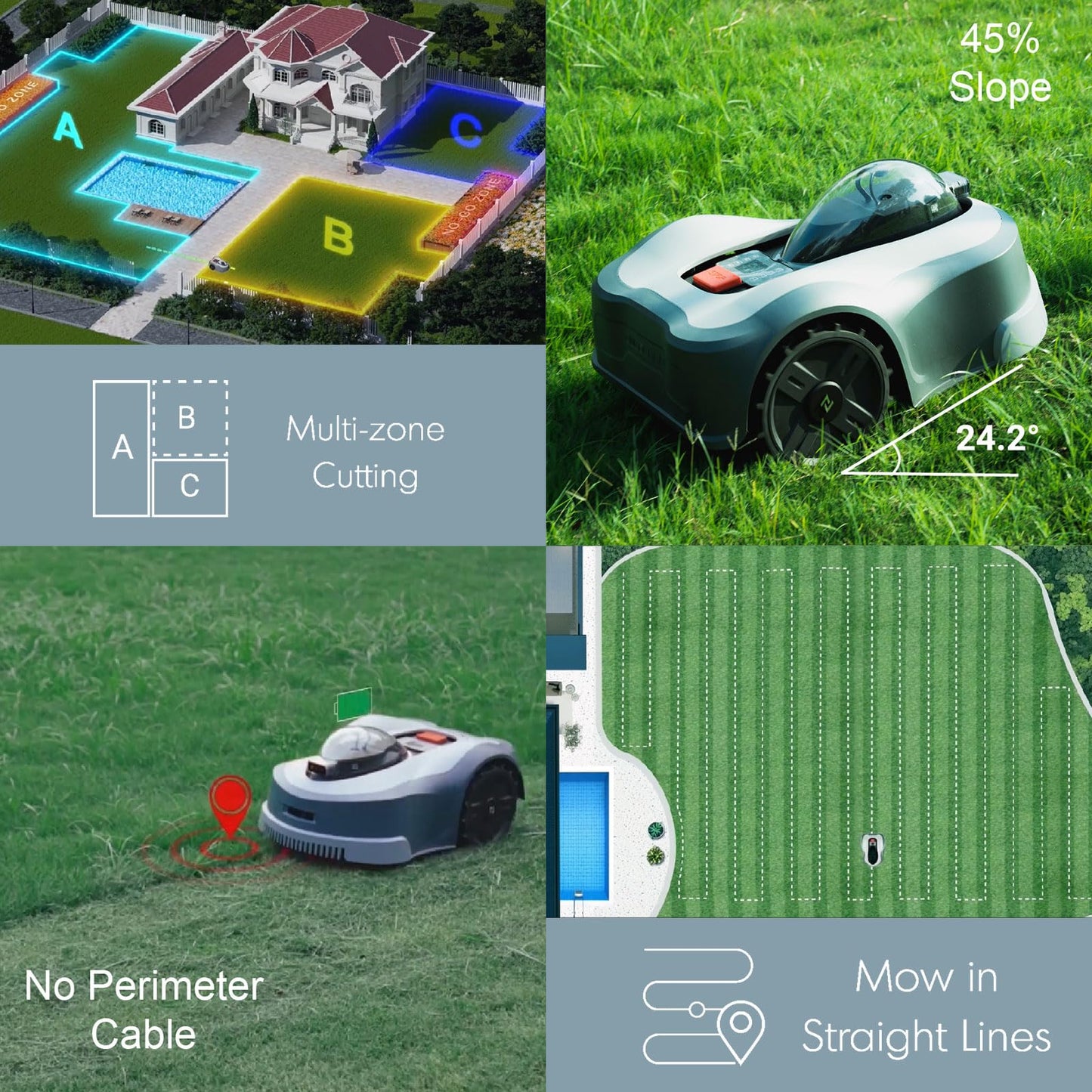 N2000 Robot Lawn Mower Perimeter Wire Free RTK+TOF+Vision Robotic Lawn Mower for 1.50 Acres Cut Height 0.8"-3.5" Adjustable APP Control AI-Assisted Mapping Virtual Boundaries Multi-Zone