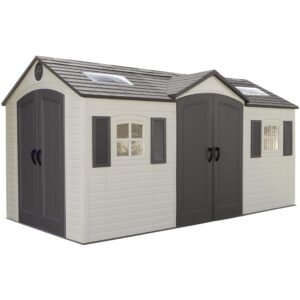 Lifetime 15×8 Ft Dual‑Entry Outdoor Storage Shed, Steel‑Reinforced, UV‑Protected, Weather‑Resistant Backyard Garden Shed with Skylights