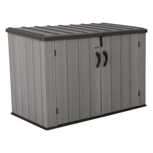 LIFETIME Horizontal Outdoor Storage Shed, Weather Resistant Resin Storage Can Fit Two Large Garbage Cans, Lockable Doors, Spring‑Hinge Lid