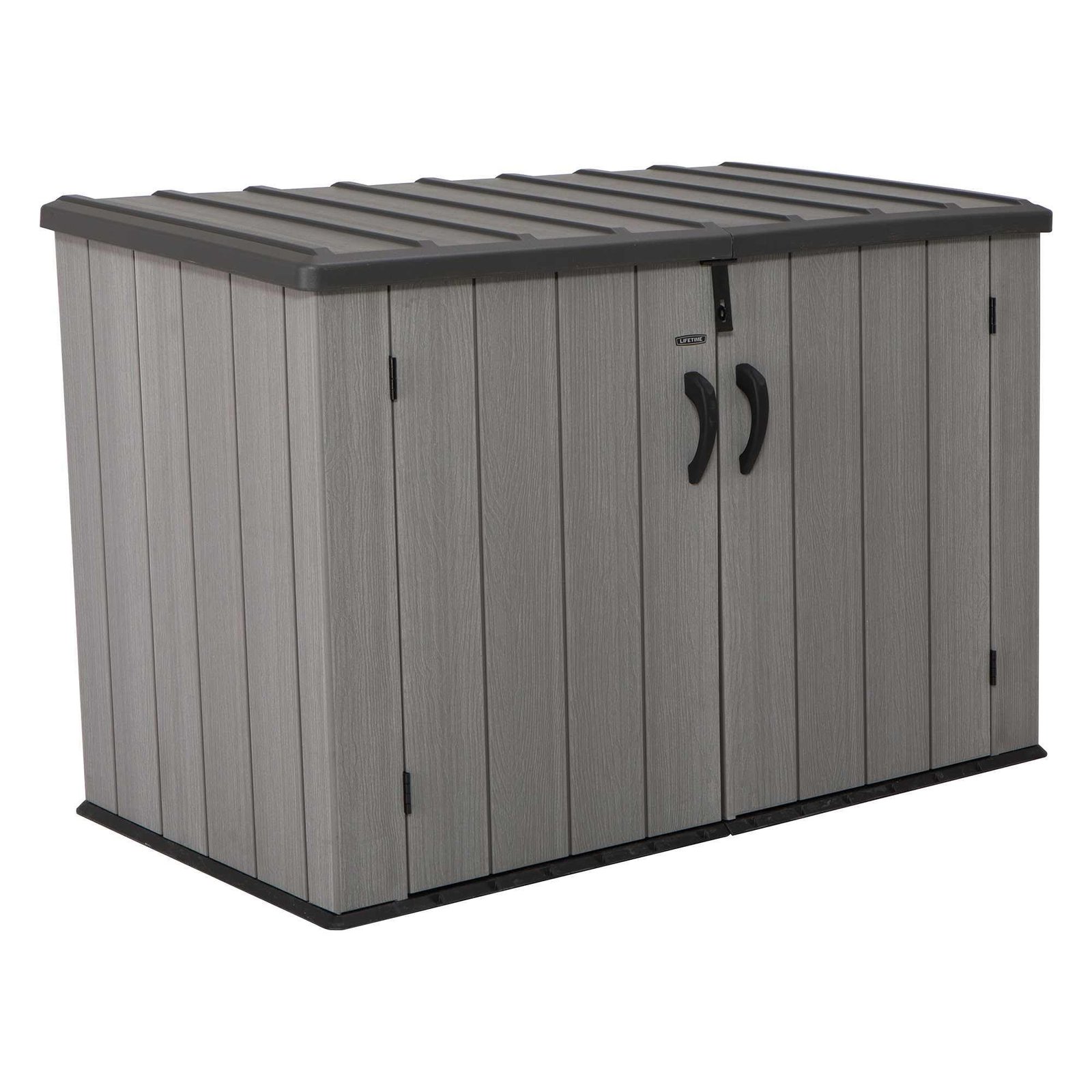 LIFETIME Horizontal Outdoor Storage Shed, Weather Resistant Resin Storage Can Fit Two Large Garbage Cans, Lockable Doors, Spring‑Hinge Lid
