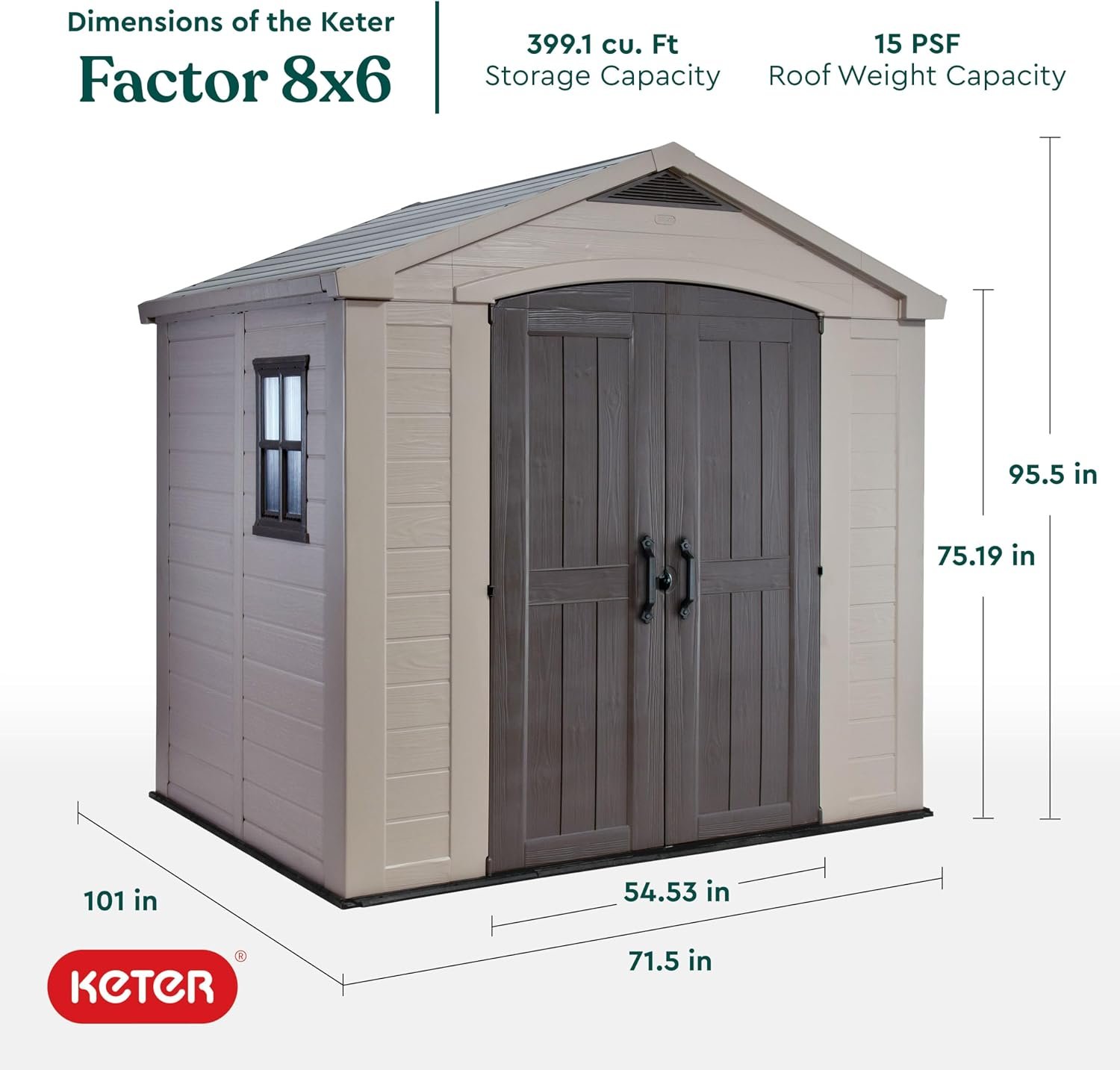 Keter Factor (8x6 ft) Large Resin Outdoor Storage Shed for Patio Furniture, Lawn Mower, Garden Accessories Yard Tools, and Pool Toys, Taupe - Image 4
