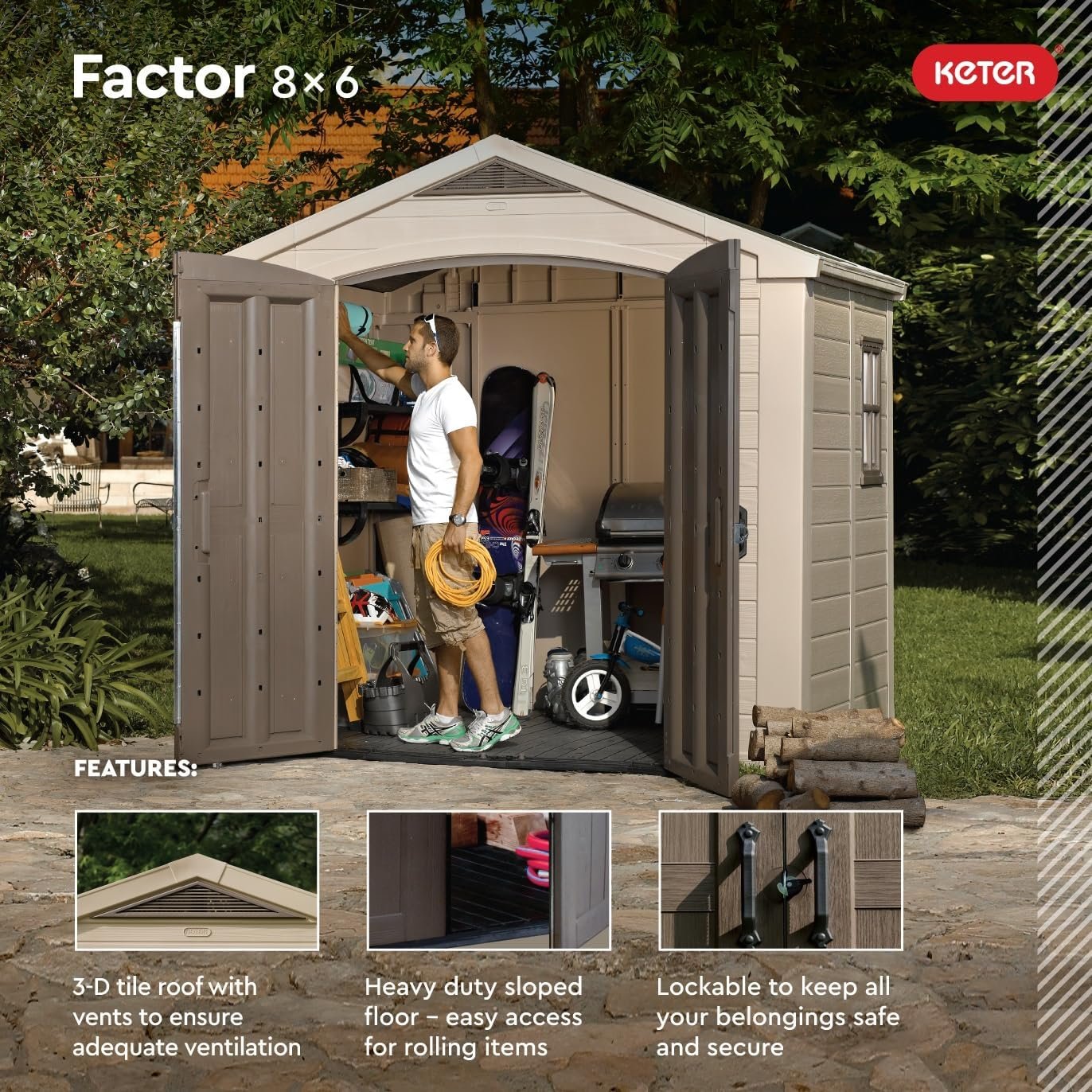 Keter Factor (8x6 ft) Large Resin Outdoor Storage Shed for Patio Furniture, Lawn Mower, Garden Accessories Yard Tools, and Pool Toys, Taupe - Image 2