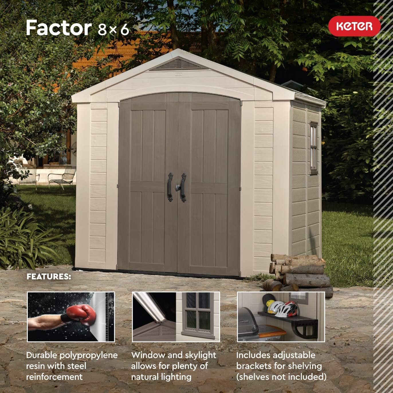 Keter Factor (8x6 ft) Large Resin Outdoor Storage Shed for Patio Furniture, Lawn Mower, Garden Accessories Yard Tools, and Pool Toys, Taupe - Image 3