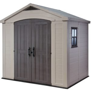 Keter Factor (8x6 ft) Large Resin Outdoor Storage Shed for Patio Furniture, Lawn Mower, Garden Accessories Yard Tools, and Pool Toys, Taupe
