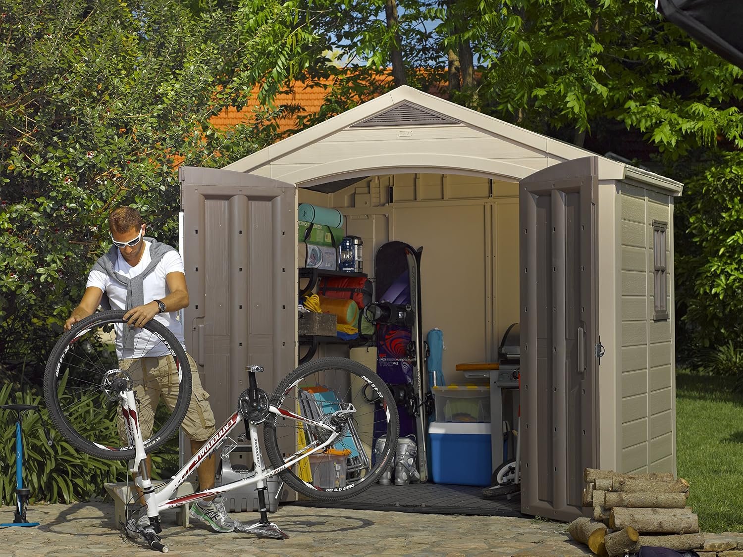 Keter Factor (8x6 ft) Large Resin Outdoor Storage Shed for Patio Furniture, Lawn Mower, Garden Accessories Yard Tools, and Pool Toys, Taupe - Image 6